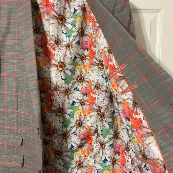 Mens PAISLEY & GRAY Sz 42L Gray & Peach Plaid Slim Fit Suit Jacket Sport Coat - Picture 8 of 13